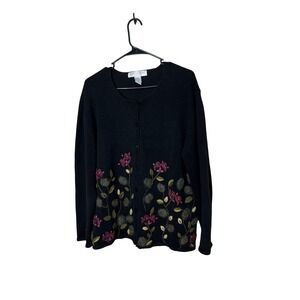 Vintage Rebecca Stone Black Floral Embroidered Knit Cardigan Sweater Womens XL